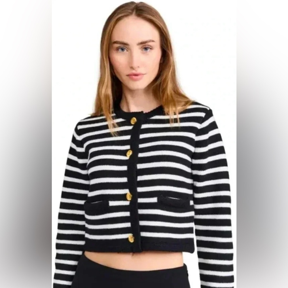 English Factory Cropped Striped Sweater Cardigan, Black/White Size Medium